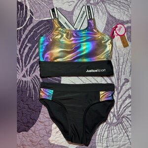 Girls Justice 2 Piece Holographic Color Block Bikini Swimsuit Sz Medium (10) NWT